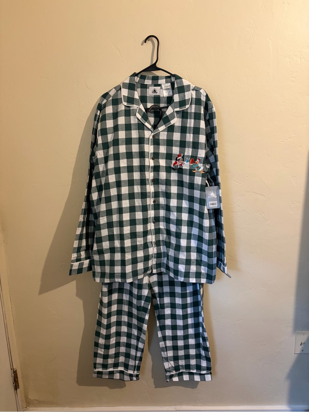 Women’s Disney Green and White Checkered Kids Pajama Set with Character Pocket